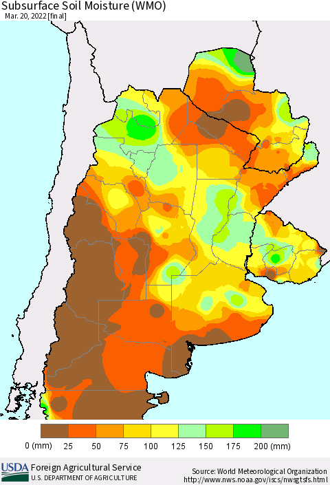 Southern South America Subsurface Soil Moisture (WMO) Thematic Map For 3/14/2022 - 3/20/2022