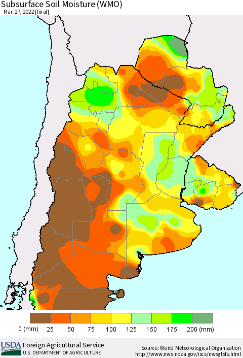 Southern South America Subsurface Soil Moisture (WMO) Thematic Map For 3/21/2022 - 3/27/2022