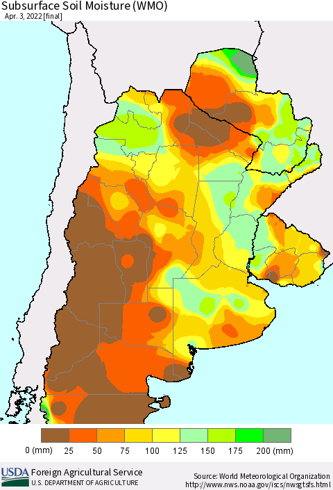 Southern South America Subsurface Soil Moisture (WMO) Thematic Map For 3/28/2022 - 4/3/2022