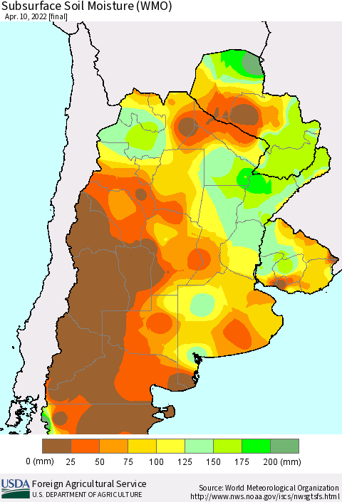 Southern South America Subsurface Soil Moisture (WMO) Thematic Map For 4/4/2022 - 4/10/2022