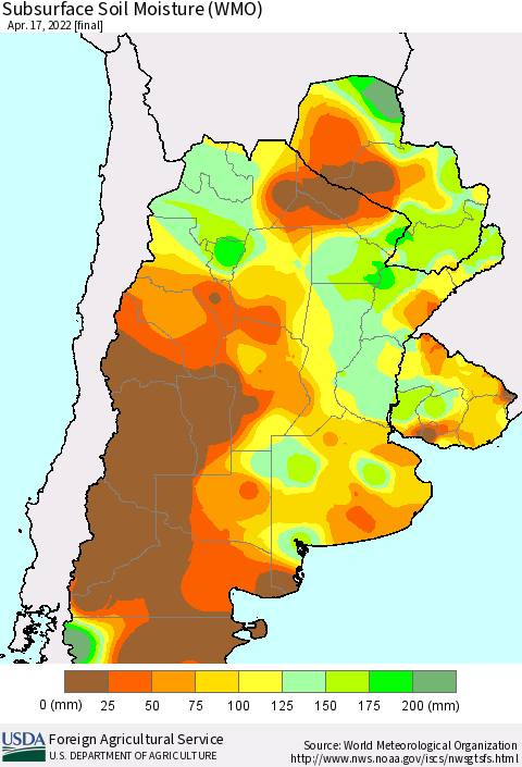 Southern South America Subsurface Soil Moisture (WMO) Thematic Map For 4/11/2022 - 4/17/2022