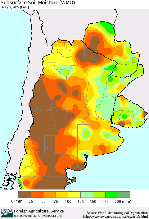 Southern South America Subsurface Soil Moisture (WMO) Thematic Map For 5/2/2022 - 5/8/2022