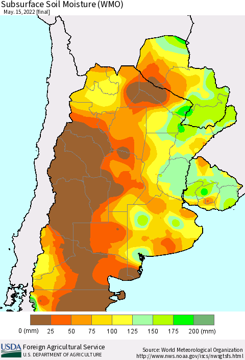 Southern South America Subsurface Soil Moisture (WMO) Thematic Map For 5/9/2022 - 5/15/2022