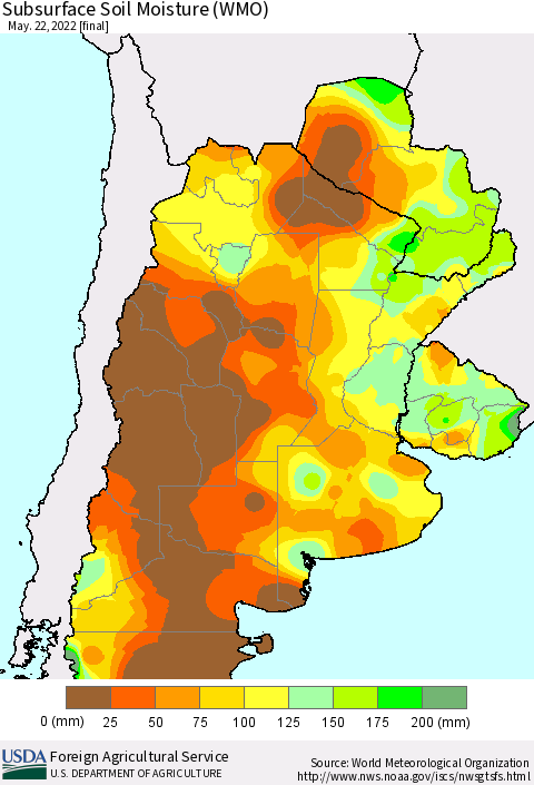 Southern South America Subsurface Soil Moisture (WMO) Thematic Map For 5/16/2022 - 5/22/2022