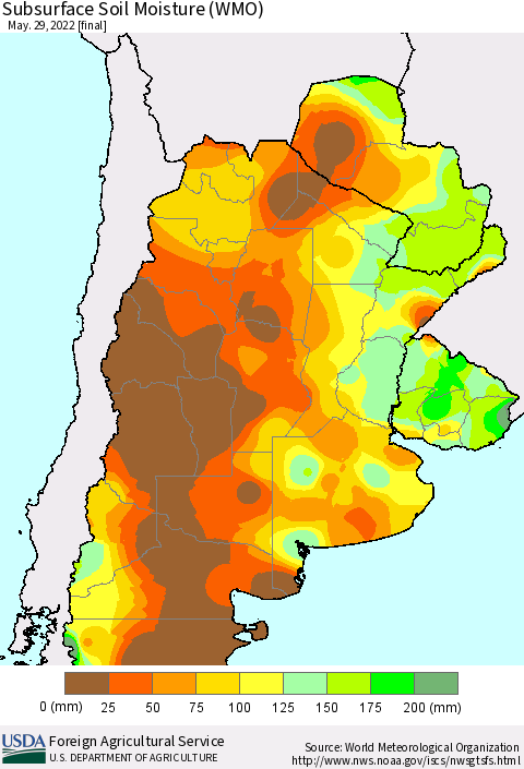 Southern South America Subsurface Soil Moisture (WMO) Thematic Map For 5/23/2022 - 5/29/2022