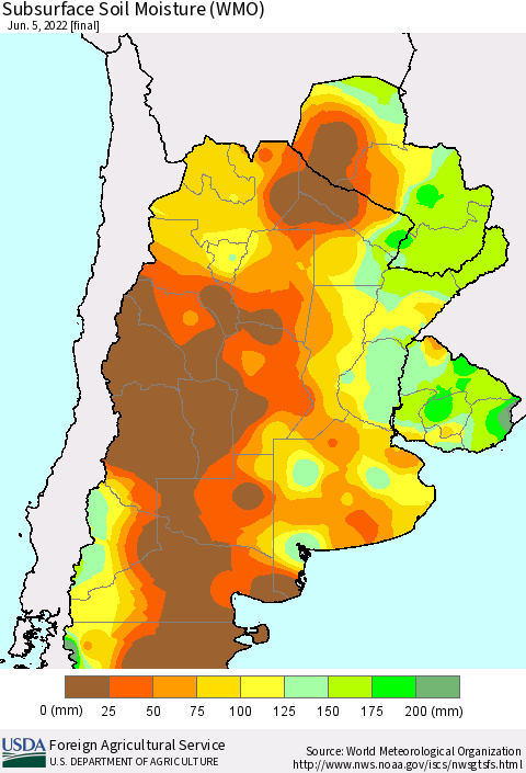 Southern South America Subsurface Soil Moisture (WMO) Thematic Map For 5/30/2022 - 6/5/2022