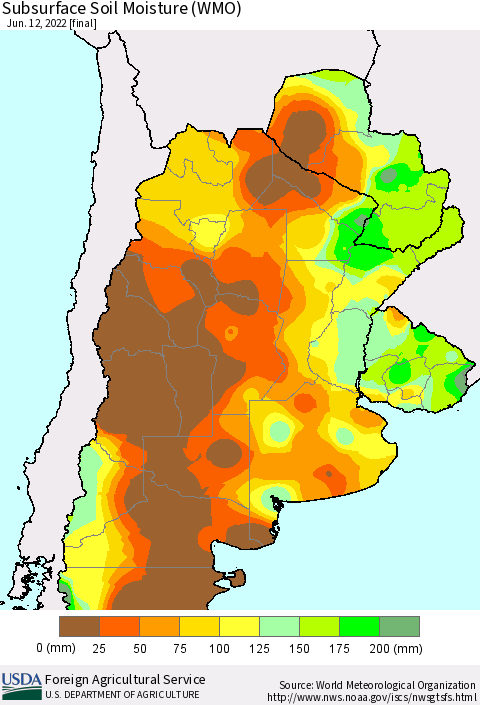Southern South America Subsurface Soil Moisture (WMO) Thematic Map For 6/6/2022 - 6/12/2022