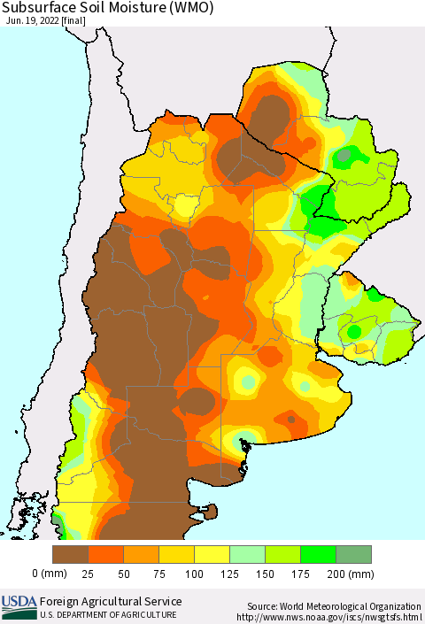 Southern South America Subsurface Soil Moisture (WMO) Thematic Map For 6/13/2022 - 6/19/2022