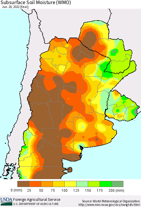 Southern South America Subsurface Soil Moisture (WMO) Thematic Map For 6/20/2022 - 6/26/2022