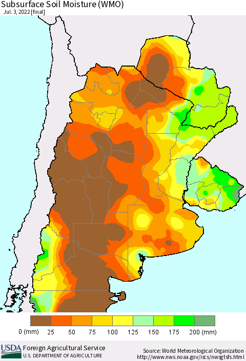 Southern South America Subsurface Soil Moisture (WMO) Thematic Map For 6/27/2022 - 7/3/2022