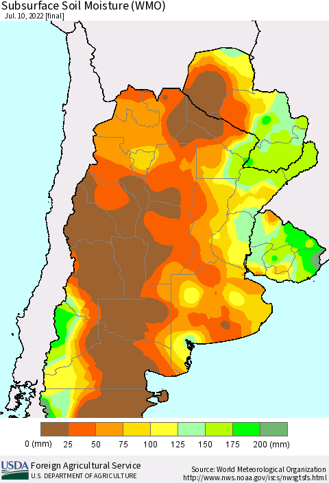 Southern South America Subsurface Soil Moisture (WMO) Thematic Map For 7/4/2022 - 7/10/2022