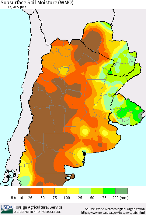 Southern South America Subsurface Soil Moisture (WMO) Thematic Map For 7/11/2022 - 7/17/2022