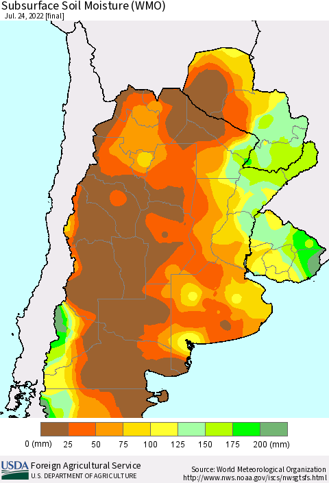 Southern South America Subsurface Soil Moisture (WMO) Thematic Map For 7/18/2022 - 7/24/2022