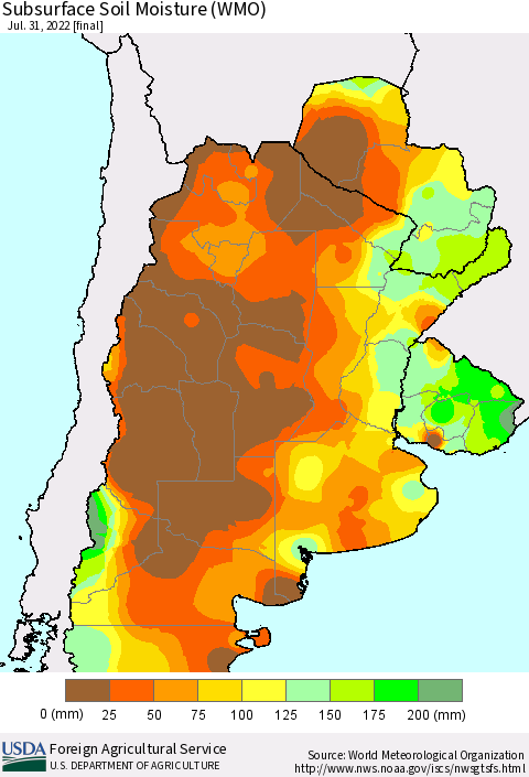 Southern South America Subsurface Soil Moisture (WMO) Thematic Map For 7/25/2022 - 7/31/2022