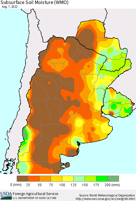 Southern South America Subsurface Soil Moisture (WMO) Thematic Map For 8/1/2022 - 8/7/2022
