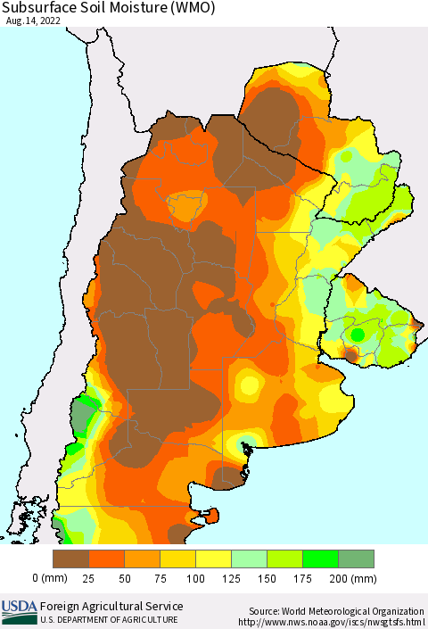 Southern South America Subsurface Soil Moisture (WMO) Thematic Map For 8/8/2022 - 8/14/2022