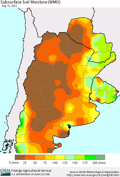 Southern South America Subsurface Soil Moisture (WMO) Thematic Map For 8/15/2022 - 8/21/2022