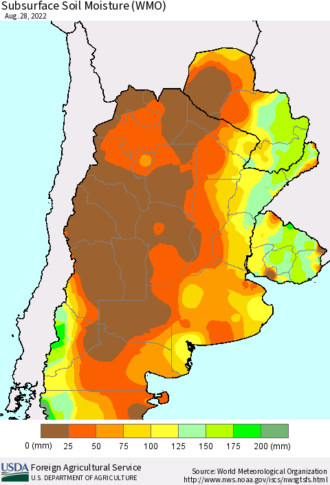 Southern South America Subsurface Soil Moisture (WMO) Thematic Map For 8/22/2022 - 8/28/2022