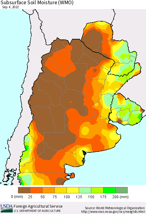 Southern South America Subsurface Soil Moisture (WMO) Thematic Map For 8/29/2022 - 9/4/2022