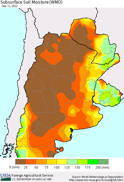 Southern South America Subsurface Soil Moisture (WMO) Thematic Map For 9/5/2022 - 9/11/2022