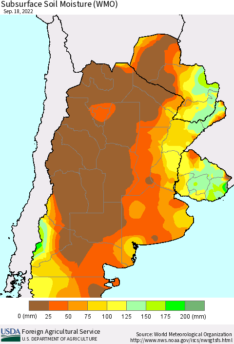 Southern South America Subsurface Soil Moisture (WMO) Thematic Map For 9/12/2022 - 9/18/2022