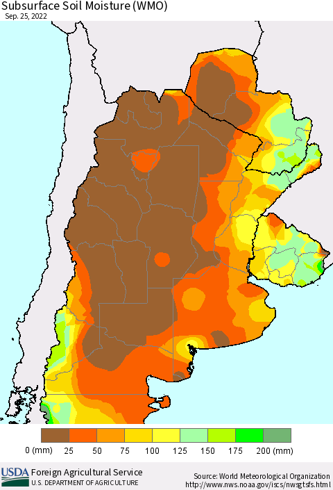 Southern South America Subsurface Soil Moisture (WMO) Thematic Map For 9/19/2022 - 9/25/2022