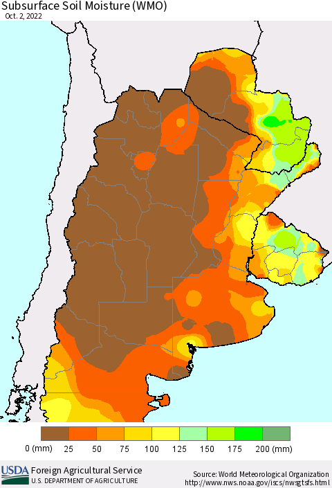 Southern South America Subsurface Soil Moisture (WMO) Thematic Map For 9/26/2022 - 10/2/2022
