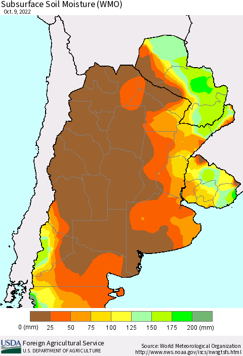 Southern South America Subsurface Soil Moisture (WMO) Thematic Map For 10/3/2022 - 10/9/2022