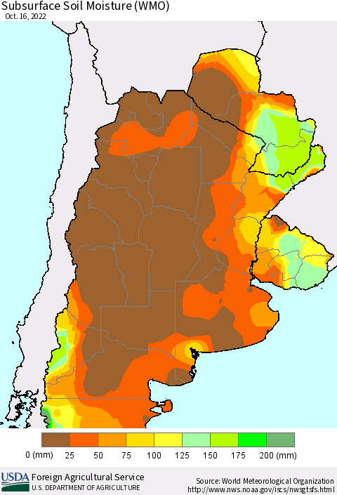 Southern South America Subsurface Soil Moisture (WMO) Thematic Map For 10/10/2022 - 10/16/2022