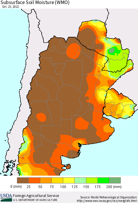 Southern South America Subsurface Soil Moisture (WMO) Thematic Map For 10/17/2022 - 10/23/2022