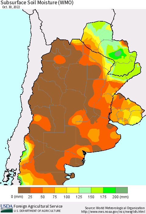 Southern South America Subsurface Soil Moisture (WMO) Thematic Map For 10/24/2022 - 10/30/2022