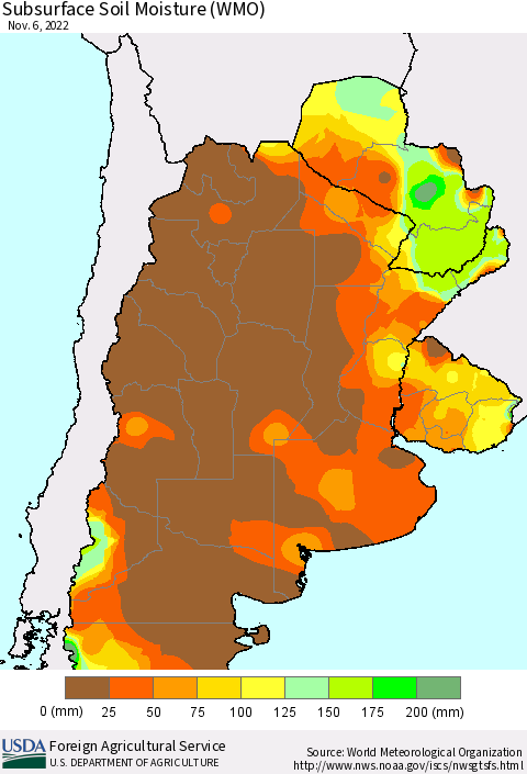 Southern South America Subsurface Soil Moisture (WMO) Thematic Map For 10/31/2022 - 11/6/2022