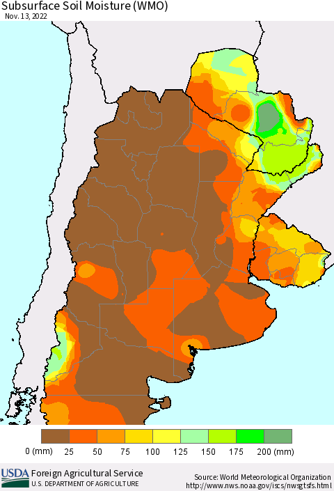 Southern South America Subsurface Soil Moisture (WMO) Thematic Map For 11/7/2022 - 11/13/2022