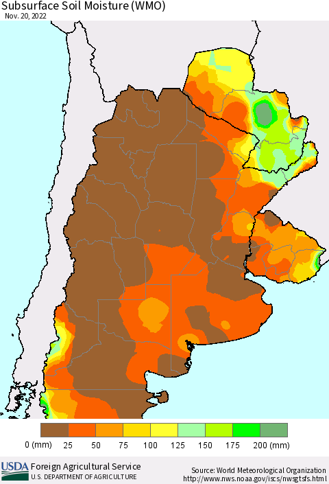 Southern South America Subsurface Soil Moisture (WMO) Thematic Map For 11/14/2022 - 11/20/2022