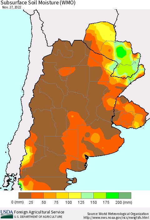 Southern South America Subsurface Soil Moisture (WMO) Thematic Map For 11/21/2022 - 11/27/2022