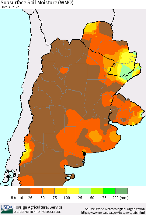 Southern South America Subsurface Soil Moisture (WMO) Thematic Map For 11/28/2022 - 12/4/2022