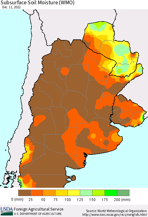 Southern South America Subsurface Soil Moisture (WMO) Thematic Map For 12/5/2022 - 12/11/2022