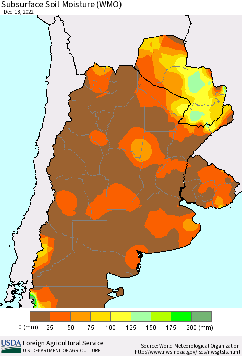 Southern South America Subsurface Soil Moisture (WMO) Thematic Map For 12/12/2022 - 12/18/2022
