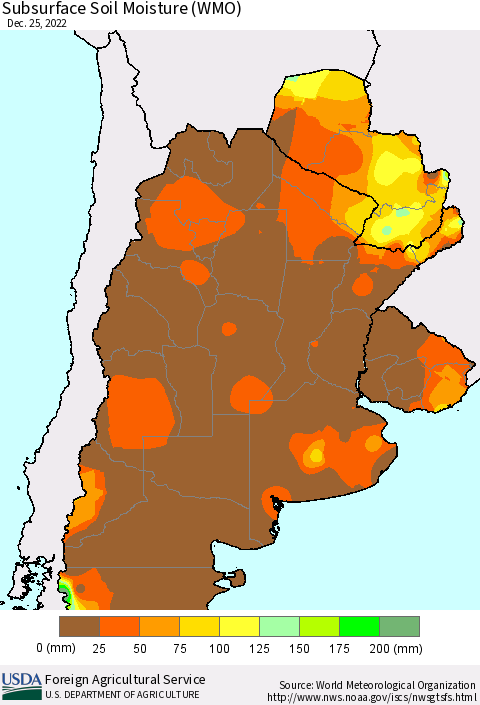Southern South America Subsurface Soil Moisture (WMO) Thematic Map For 12/19/2022 - 12/25/2022