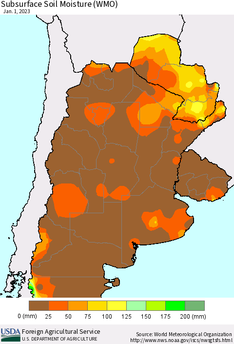 Southern South America Subsurface Soil Moisture (WMO) Thematic Map For 12/26/2022 - 1/1/2023