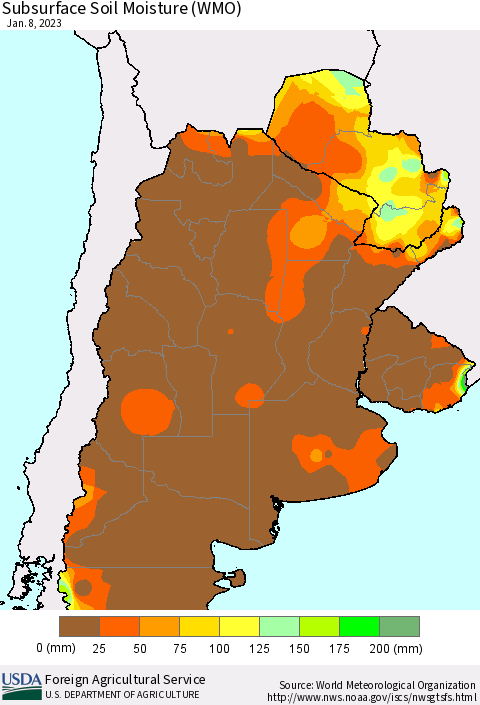 Southern South America Subsurface Soil Moisture (WMO) Thematic Map For 1/2/2023 - 1/8/2023