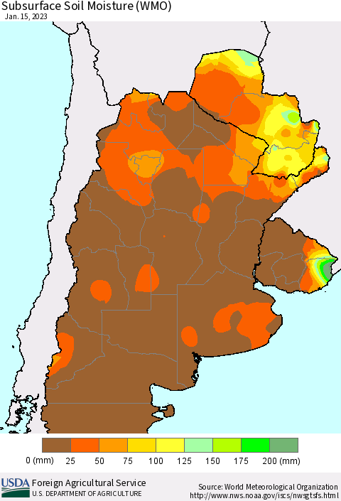 Southern South America Subsurface Soil Moisture (WMO) Thematic Map For 1/9/2023 - 1/15/2023