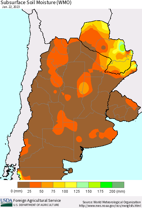 Southern South America Subsurface Soil Moisture (WMO) Thematic Map For 1/16/2023 - 1/22/2023