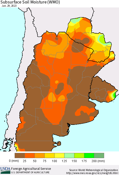 Southern South America Subsurface Soil Moisture (WMO) Thematic Map For 1/23/2023 - 1/29/2023
