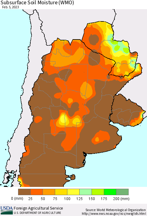 Southern South America Subsurface Soil Moisture (WMO) Thematic Map For 1/30/2023 - 2/5/2023