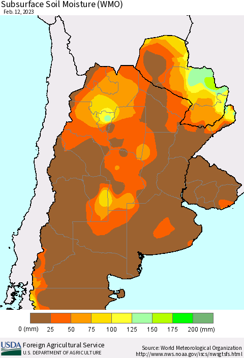 Southern South America Subsurface Soil Moisture (WMO) Thematic Map For 2/6/2023 - 2/12/2023