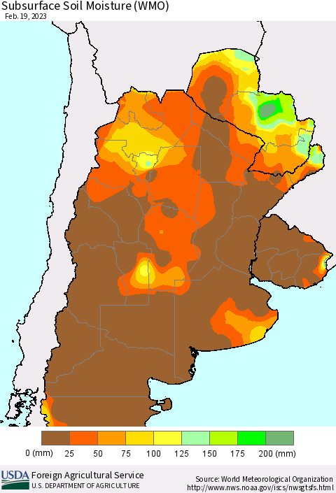 Southern South America Subsurface Soil Moisture (WMO) Thematic Map For 2/13/2023 - 2/19/2023