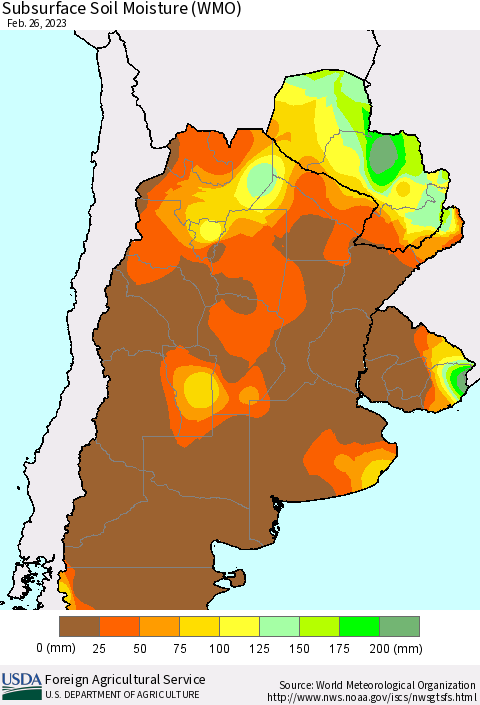 Southern South America Subsurface Soil Moisture (WMO) Thematic Map For 2/20/2023 - 2/26/2023