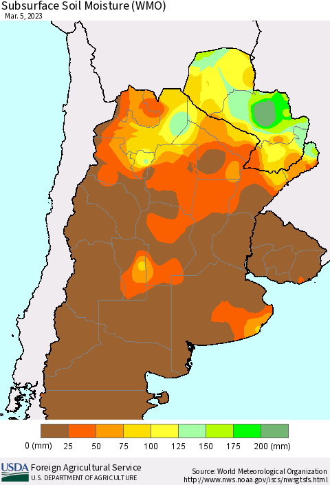 Southern South America Subsurface Soil Moisture (WMO) Thematic Map For 2/27/2023 - 3/5/2023