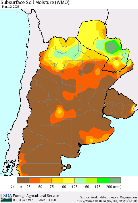 Southern South America Subsurface Soil Moisture (WMO) Thematic Map For 3/6/2023 - 3/12/2023